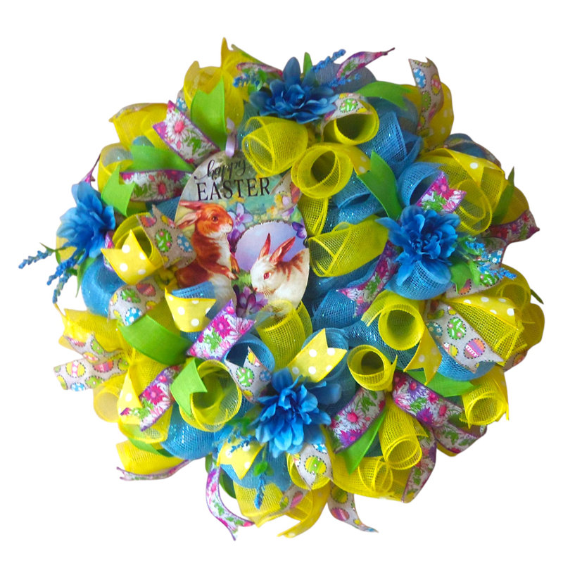 24" Easter Wreath with Bunny Sign, Metallic Blue Mesh & Spring Ribbon Accents