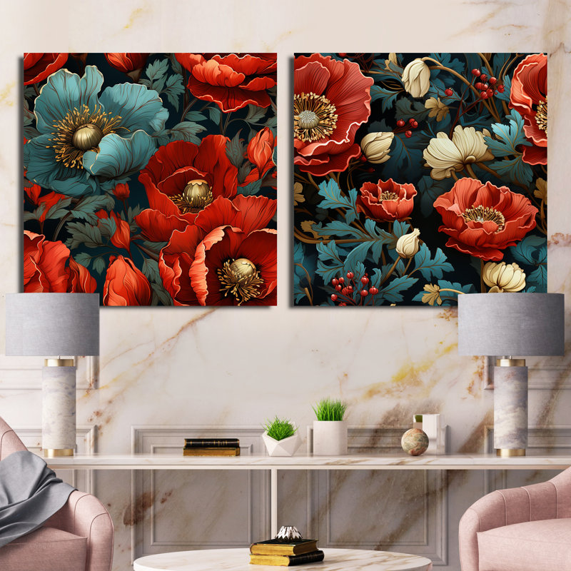 Manervia - Ensemble de 2 collages carrés floraux, Toile tendue, H 16 po x l 33 po