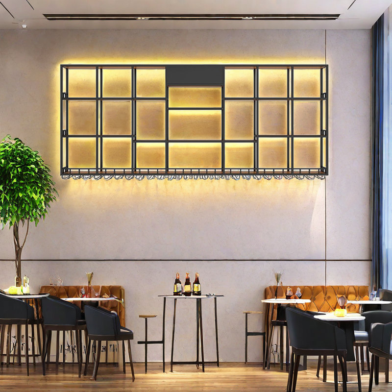 Support à vin mural multi-niveaux en fer, Noir, noir, noir, noir, H 47,2 po x l 110,2 po x P 7,8 po