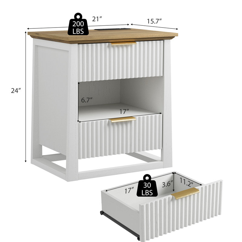 2 Drawer End Tables Set with Storage and Built-in Outlets for Livign Room,Bedroom,Led End Side Tables, White