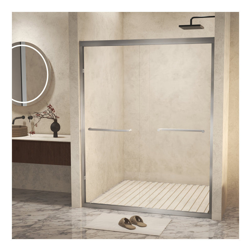 Tempered Glass with Explosion Proof Film, Aluminum Frame Double Sliding Shower Door, "1/4 (6 mm), Stainless Steel handle