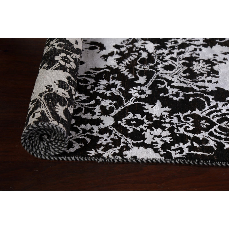 Tapis de couloir noir en laine noué à la main de conception unique 2 pi 8 po x 10 pi 6 po New Age