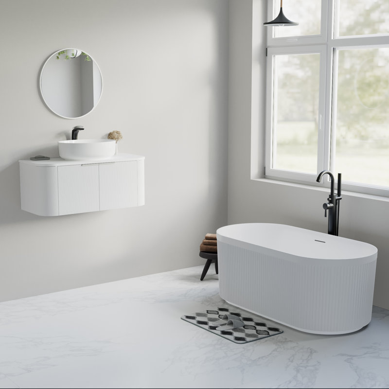 59'' x 30'' Freestanding Soaking Acrylic Bathtub with Overflow, Fluted Design, Matte White