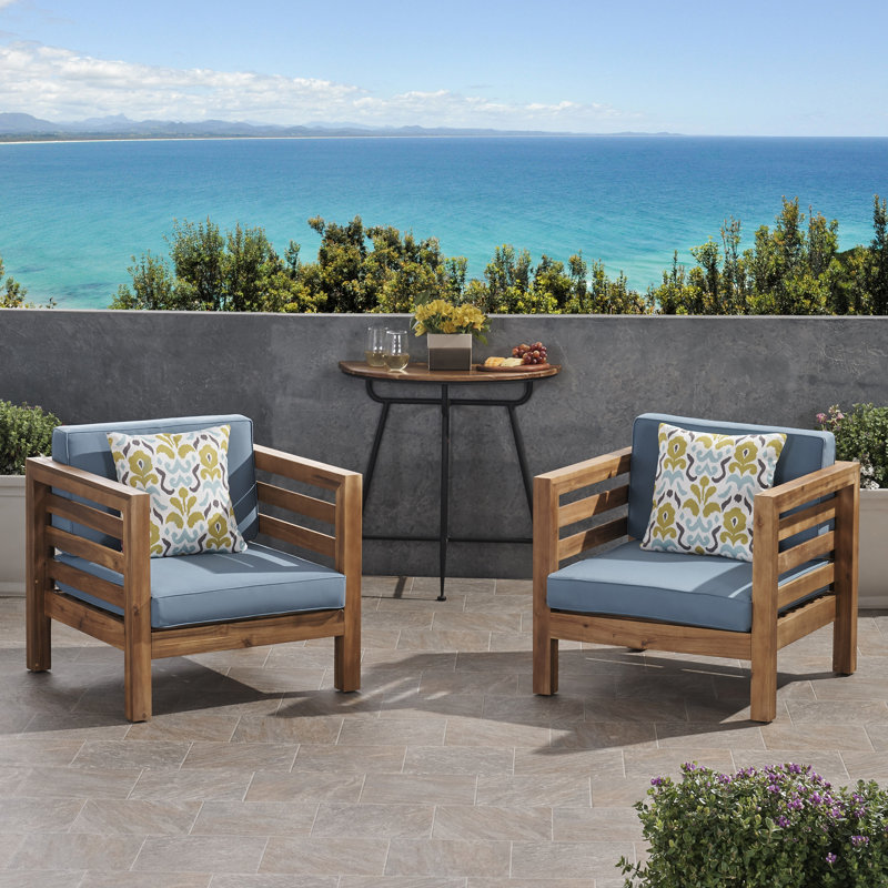Fauteuil de patio extérieur avec coussins, Structure teck / coussins bleu