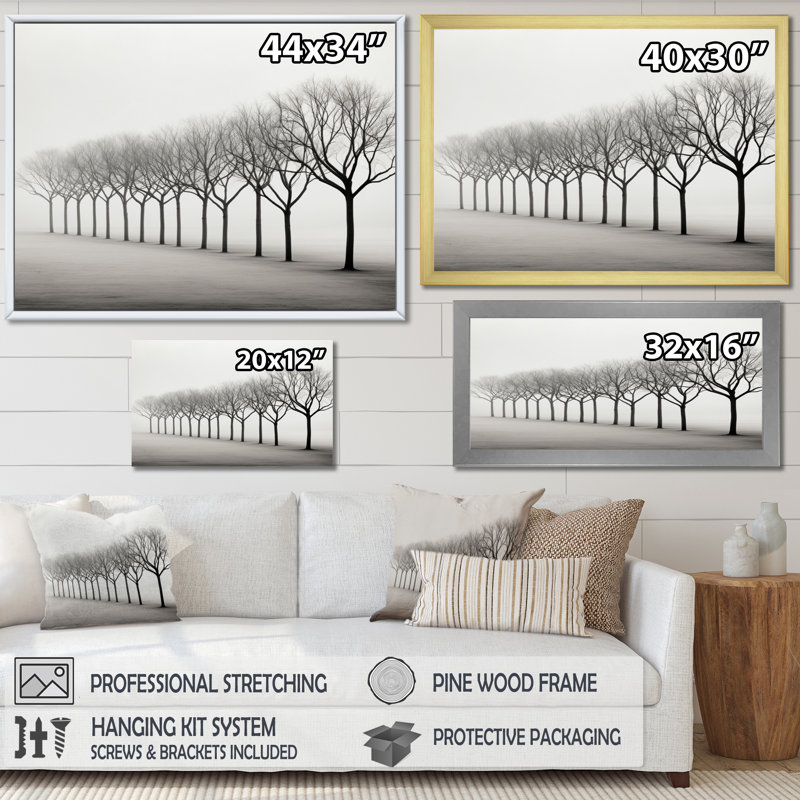 Hiver gris et blanc I - impression, H 16 po x l 32 po x P 1 po, Encadrement doré