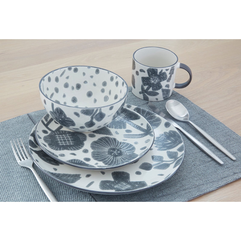 Gray and White Floral Ceramic Dinnerware Set, Service for 4