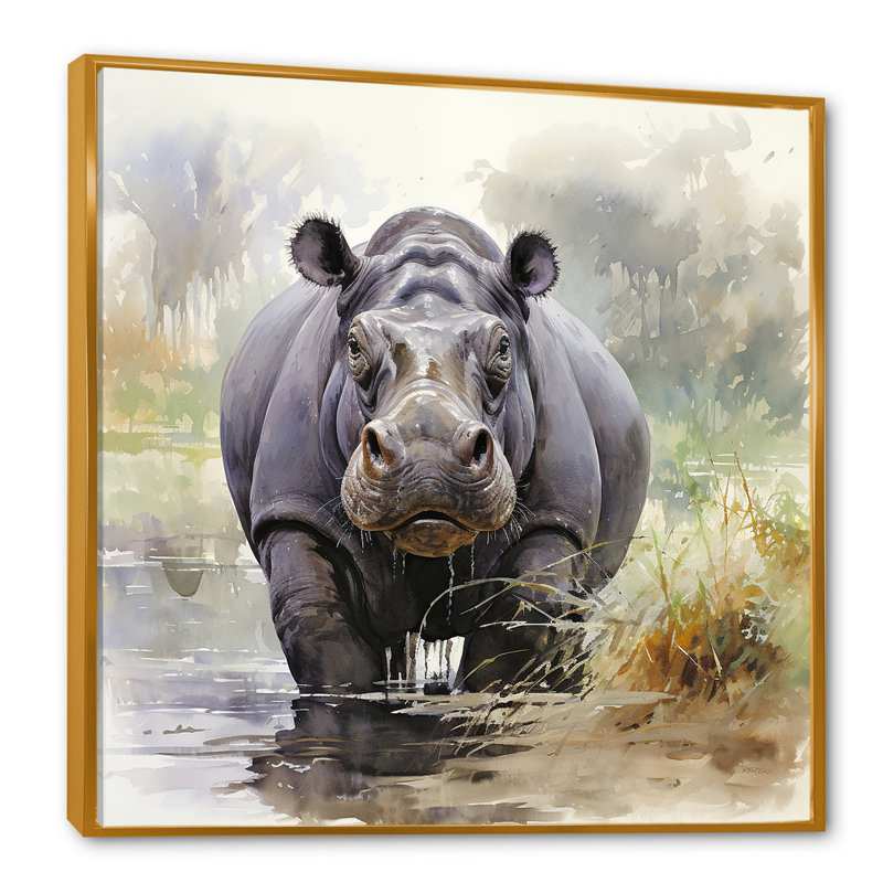 Hippopotame gris serein majestueux - Hippopotame, H 36 po x l 36 po x P 1,5 po, Cadre flottant doré
