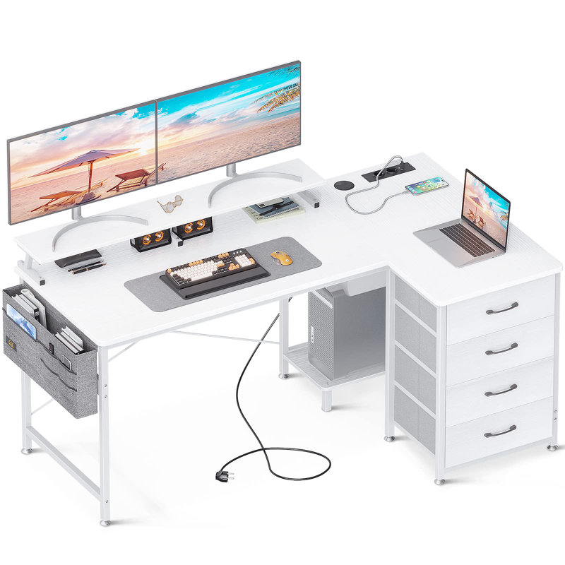Yatendra L-Shaped Metal Base Writing Desk with Power Outlet, White