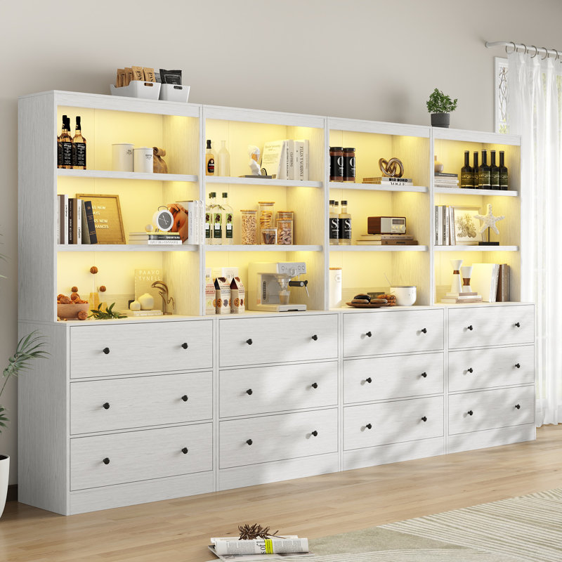 71"H X 94.4"W Book Cabinet Storage Bookcase with USB & Type-C Charging Ports and LED Lights (4A), White