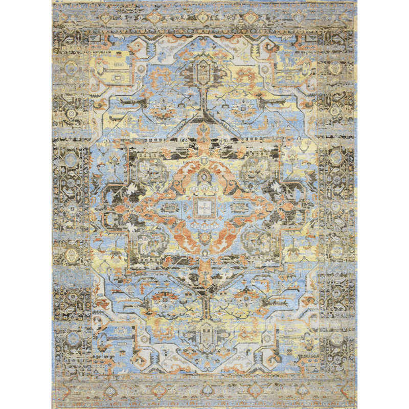Hand Knotted Oriental Area Rug in Blue/Rust/Brown, Rectangle 9' x 12'