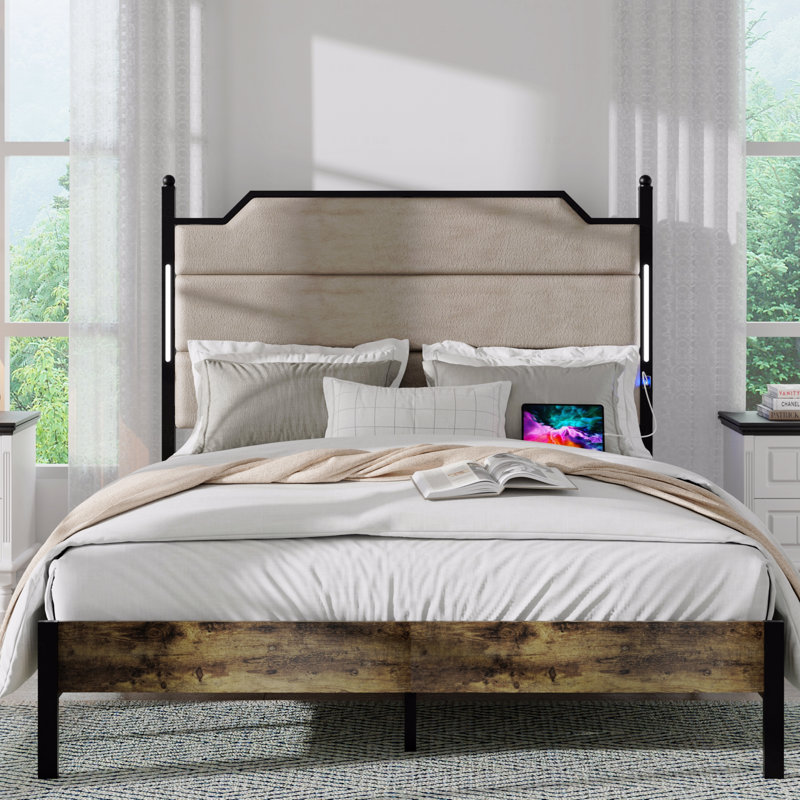 Queen Size Bed Frame with Upholstered Headboard – Built-in Charging Station & LED Lights, Queen