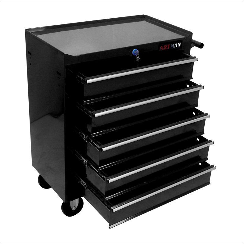 Coffre à outils à 5 tiroirs, armoire de rangement pour outils pour le garage avec 4 roues et système de verrouillage, Noir