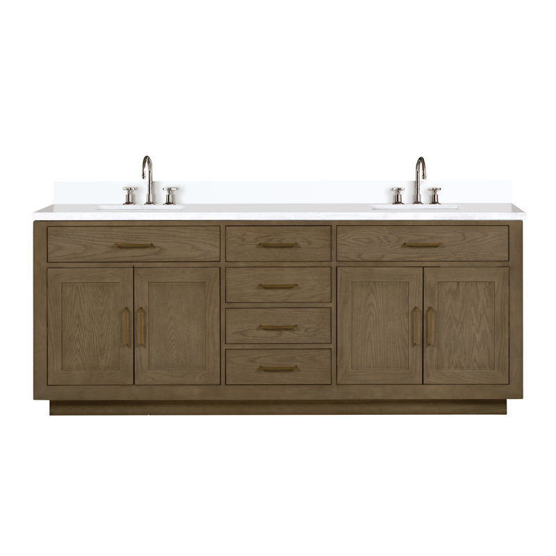 Ensemble de meuble-lavabo double en chêne l 84 po x P 22 po Abbey, Chêne noir, Quartz blanc
