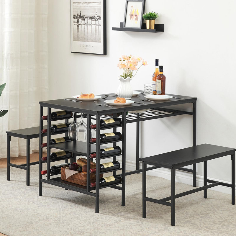 Table de cuisine avec 2 bancs Support à vin et tablette de rangement Ensemble de table de salle à manger 3 pièces pour petit espace