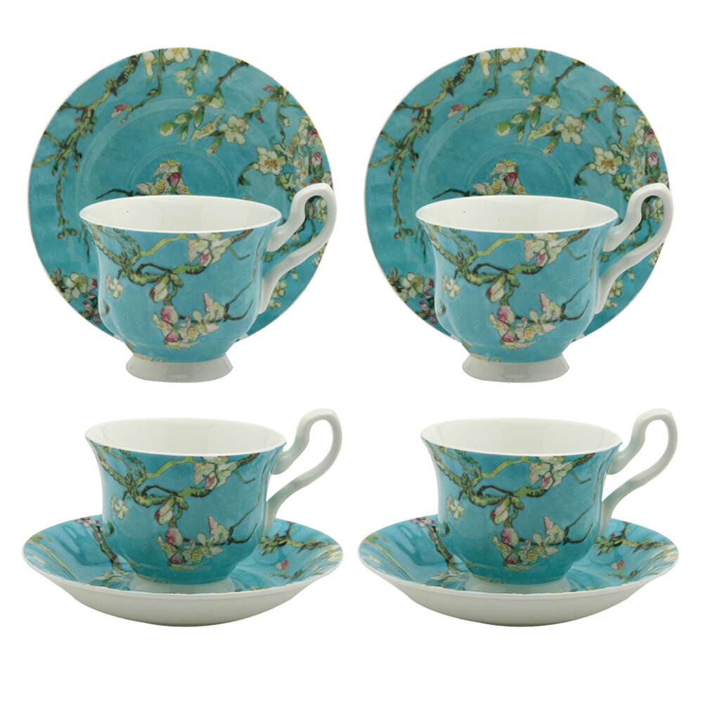Jusalpha Fine China Coffee Bar Espresso Cups and Saucers Set, 7-Ounce