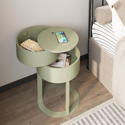 Table de bout ronde à 2 tiroirs, table de chevet rotative, vert sauge