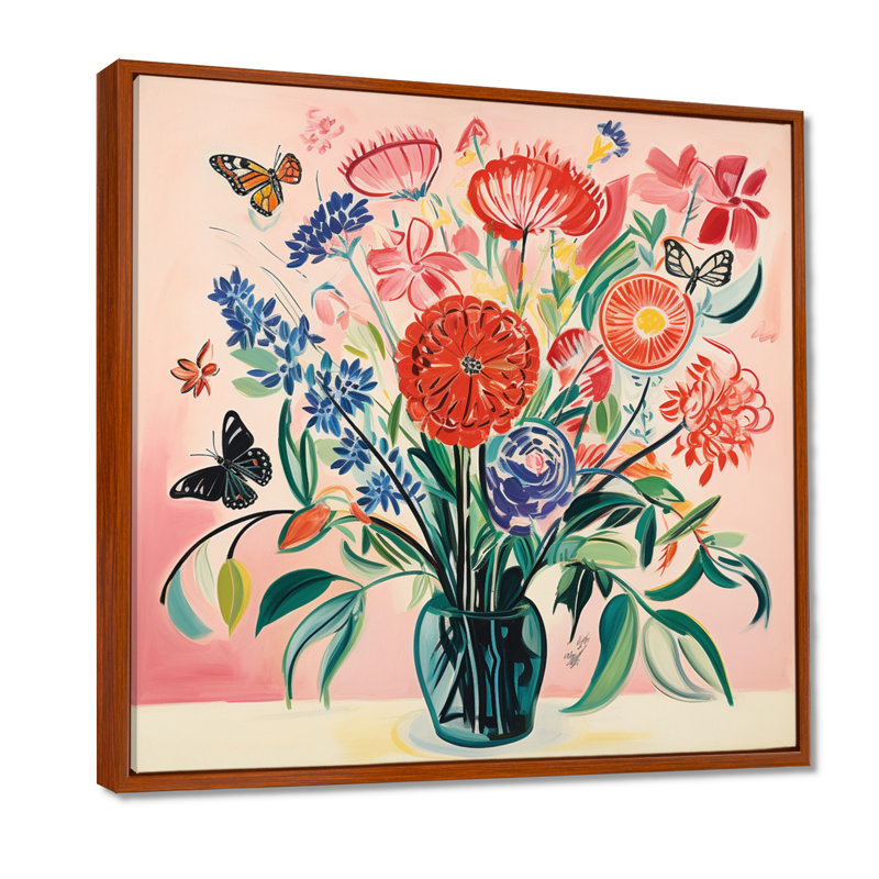 Fleurs sauvages dans un vase Illustration rétro - Bouquets assortis, art mural, salon, Toile avec cadre flottant brun