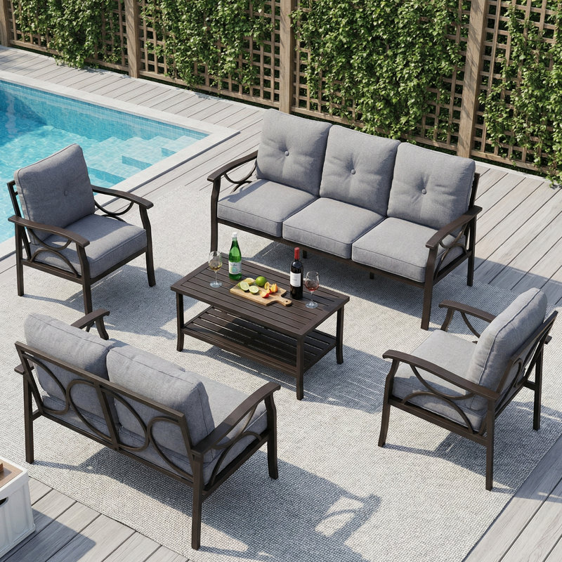 Outdoor Furniture Set with Soft Cushions, 7-Person  All-Weather Metal Frame Patio Furniture Set, 5-Piece Outdoor Patio Set with Ergonomic Back Support