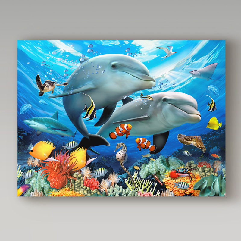 « sourire dauphins », reproduction de peinture à l’acrylique sur toile tendue, H 24 po x l 32 po x P 2 po