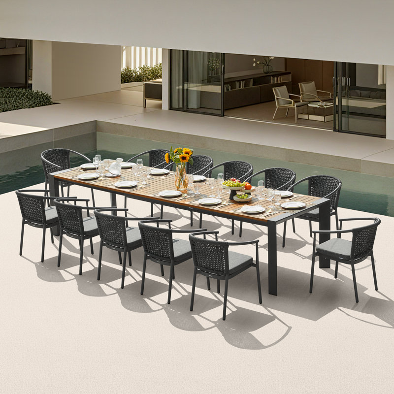Ensemble repas d'extérieur en teck LUMEN pour 12 personnes avec mode extensible à trois versions pour sièges 8/10/12