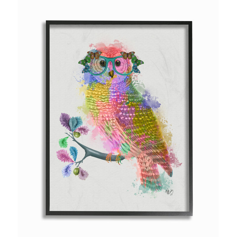 Rainbow Splash Owl dans des verres, H 20 po x l 16 po x P 1,5 po, Giclée encadrée noir minuit