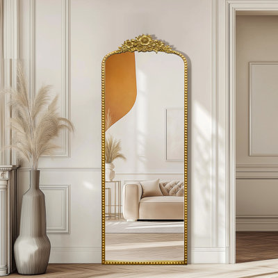 Miroir de plancher arqué antique orné pleine longueur / autoportant, 22 x 65 pouces, or rétro