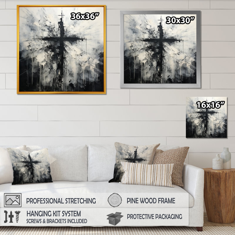 Minimalisme noir et blanc, croix religieuse - art mural sur toile Christianisme, Toile tendue, H 24 po x l 24 po x P 1 po