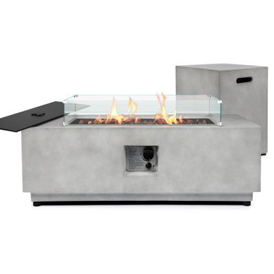 42-inch Rectangular Concrete Propane Fire Pit Table,50,000 BTU,Includes Glass Wind Guard and Tank Cover,for Patio,Deck,or Backyard