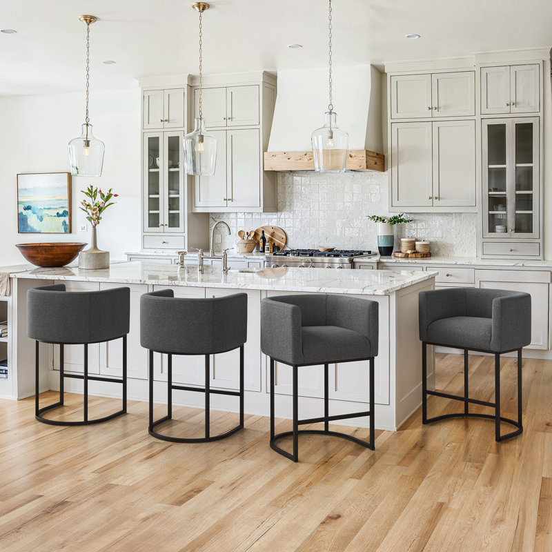27"Upholstered Counter Stools With Curved Barrel Back, Metal Frame And Footrest, Carbon Gray Linen Seat/Black Frame