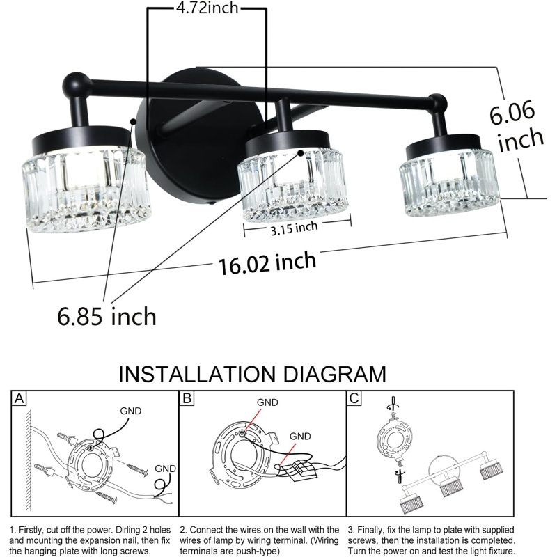 Éclairage pour salle de bain 3 lumières DEL Luite, Noir