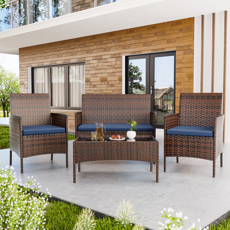 Carlen 3-Person Wicker Outdoor Seating Set with Sunbrella Cushions, Navy, Brown