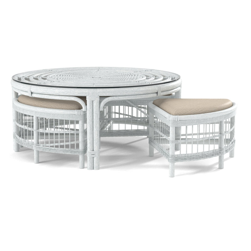 Table basse en rotin avec bancs Raffles, À gros carreaux bleus; 0120-61, Blanc givré