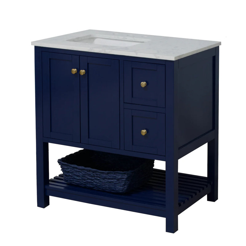 Ensemble de meuble-lavabo simple 36 po Binne, Marbre de Carrare, Bleu royal