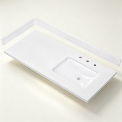 Évier de salle de bain simple 48 po x l 22 po en pierre reconstituée avec lavabo à droite et comptoir rectangulaire en céramique avec dosseret et dosseret en H 4 po