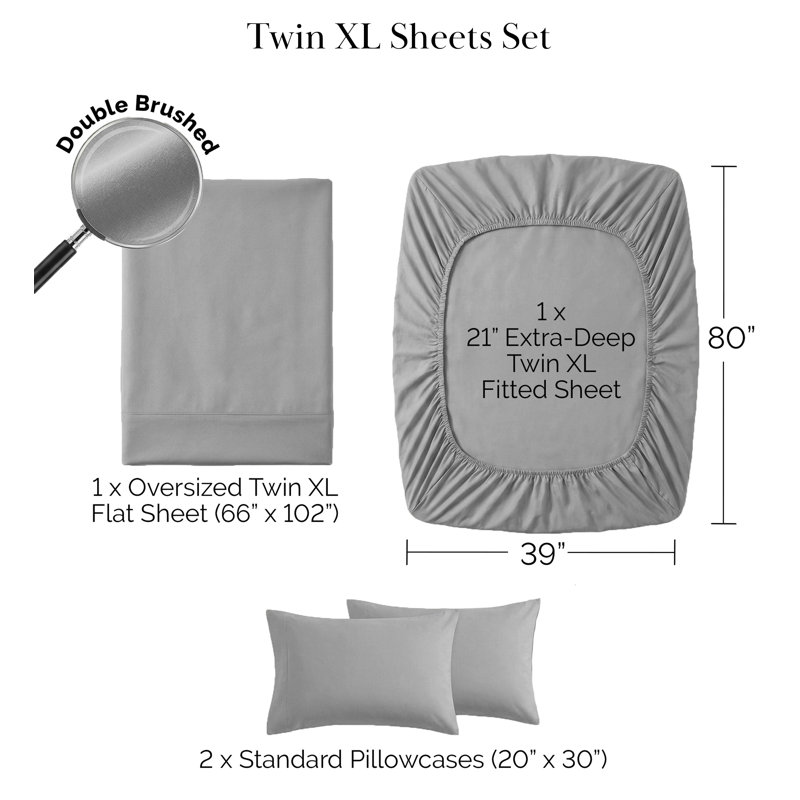 Southshore Fine Linens Vilano Springs Extra Deep Pocket 4-Piece Sheet Set, Ultra Soft Double-Brushed 110 GSM Microfiber Bedding, 21-Inch Deep Pocket, 2 Pillowcases, Twin XL, Steel Grey