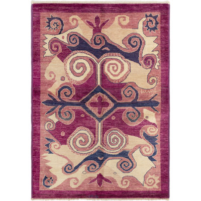 Tapis unique en laine noué à la main beige et mauve des années 2010 de 6 pi 2 po x 8 pi 9 po Aquanette