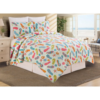 Flip Flop Life Pink/Blue/Green/Orange Cotton Reversible Quilt Set