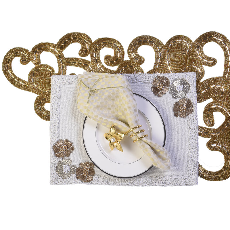 Lace Motif Hand Beaded Runner (available in Large and Small Sizes), Gold, 54"L x 20" W