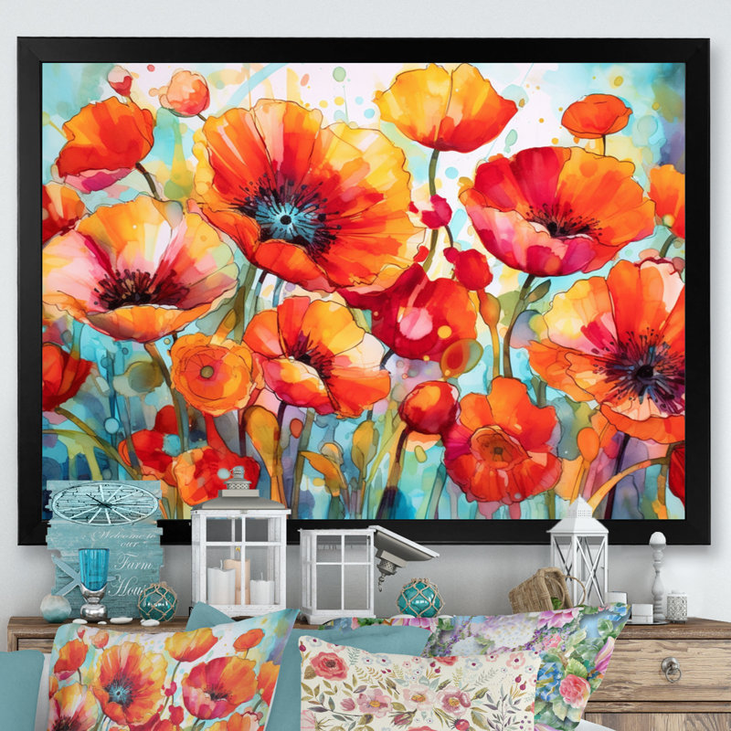 Brilliant Poppies V - Art mural floral, Cadre simple noir, H 12 po x l 20 po x P 1 po