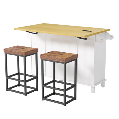 Farmhouse Kitchen Island on Wheels with Drop Leaf, 2 Stools, Storage Cabinet & Drawers, Spice Rack, Towel Rack & Power Outlet by Red Barrel Studio