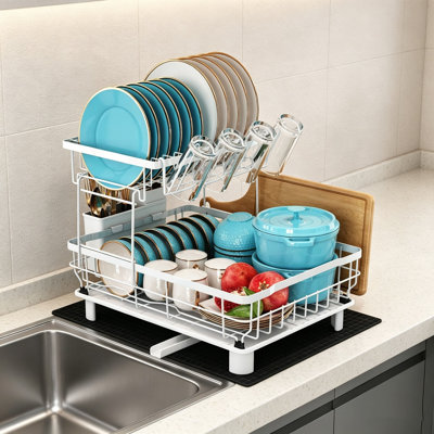 White Large 2 Tier 33 x 43 x 33 cm Dish Drainer Rack with Drip Tray for Kitchen