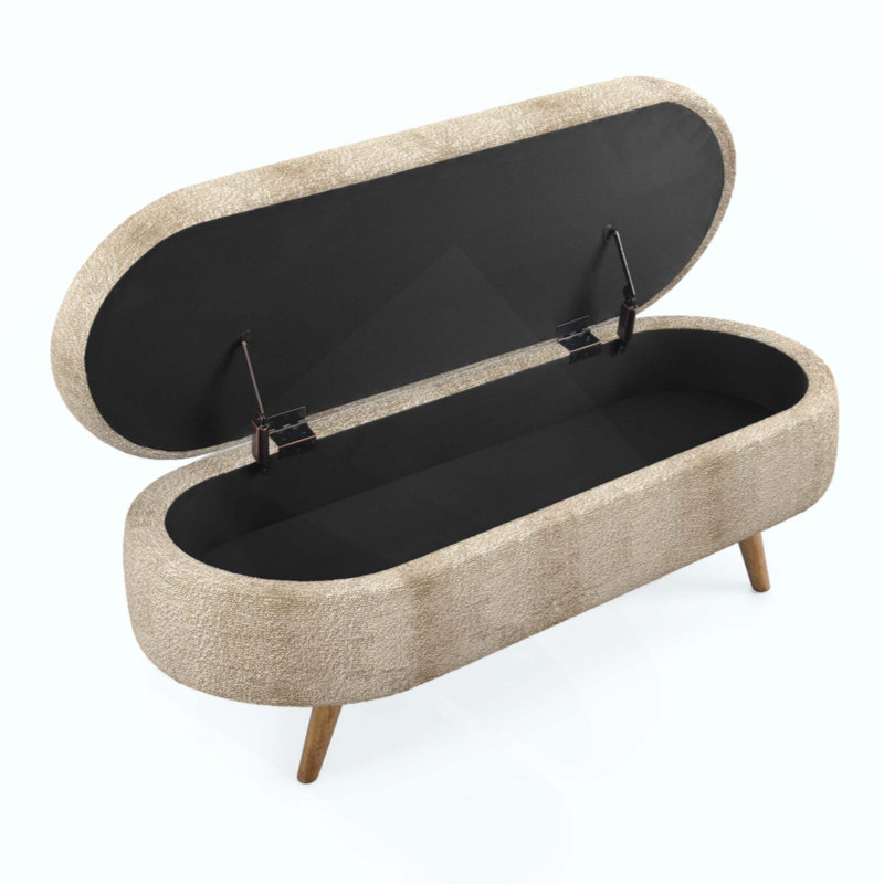 Repose-pieds ovale avec rangement en bois d'hévéa, tissu et utilisation polyvalente pour la décoration et l'organisation
