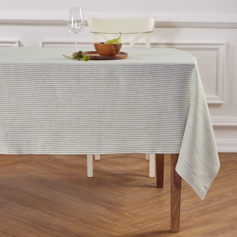 100% Pure Linen Tablecloth, 120" L x 60" W, Avocado/White, Narrow Stripe