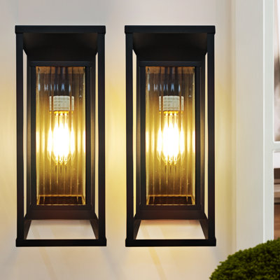 Outdoor Wall Sconce Rectangular Metal Frame And Ribbed Tempered Glass Shade Waterproof