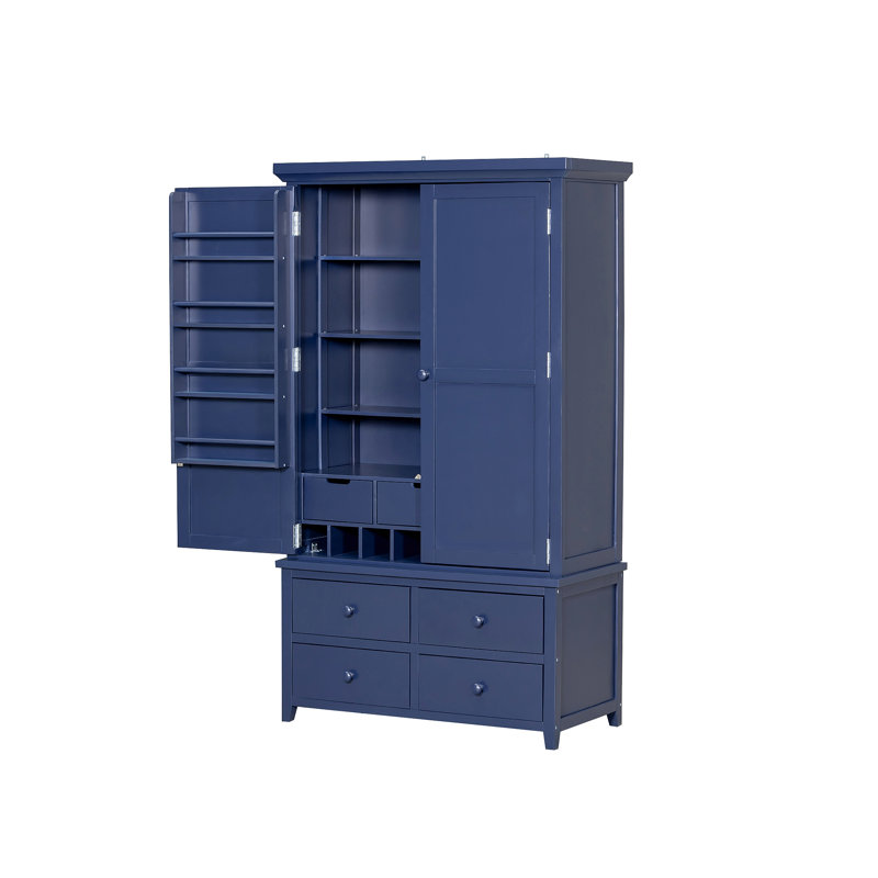 Grande armoire de rangement autoportante en bois avec 8 portes, 3 tablettes réglables, 7 tiroirs et 8 supports à vin, Bleu