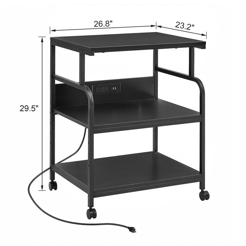 3 Tier Large Printer Stand With Wheels Power Outlet Usb Port, Rolling Cart Printer Scanner Table With Storage Shelf For Home Office