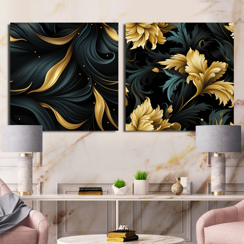 Cachemire noir et doré Elegant Ebony III - Ensemble de 2 collages floraux et botaniques carrés, Toile tendue