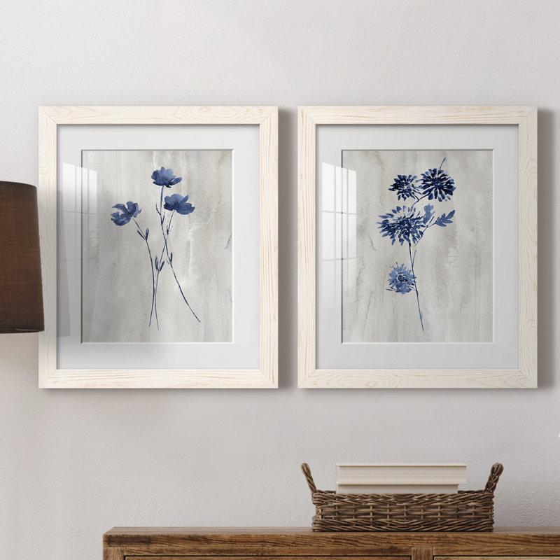 Indigo Botanical III - ensemble de 2 reproductions d'impressions, Papier encadré blanc, Blanc, H 20 po x l 17 po x P 1 po