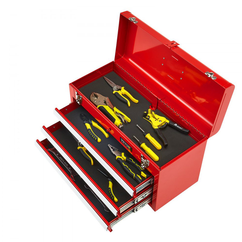Coffre à outils en métal, 52 cm (20,5 pouces), coffre à outils portatif en métal avec 3 tiroirs, petit coffre à outils avec doublure en EVA, tiroirs coulissants à roulement à billes avec verrouillage et finition thermolaquée, organisateur d'outils multifonctionnel, rouge