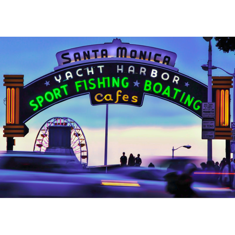 Santa Monica Pier, Santa Monica, enseigne de port de plaisance, ciel bleu, Californie, néon, nuit, coucher de soleil